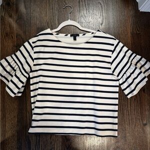 J. Crew Striped Navy/White Ruffle Sleeve Top